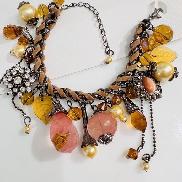 Art Glass Dangle Charm Bracelet Faux Pearl Leather Rhinestone Dangle Pink Brown - Picture 6 of 7